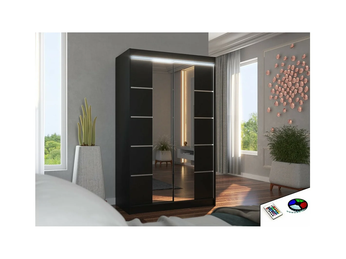 Armadio Gina Lux (120cm)/ante scorrevoli/specchio/LED/Nero
