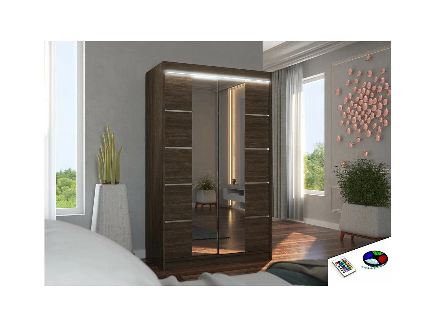 Armadio Gina Lux (120cm)/ante scorrevoli/specchio/LED/Marrone
