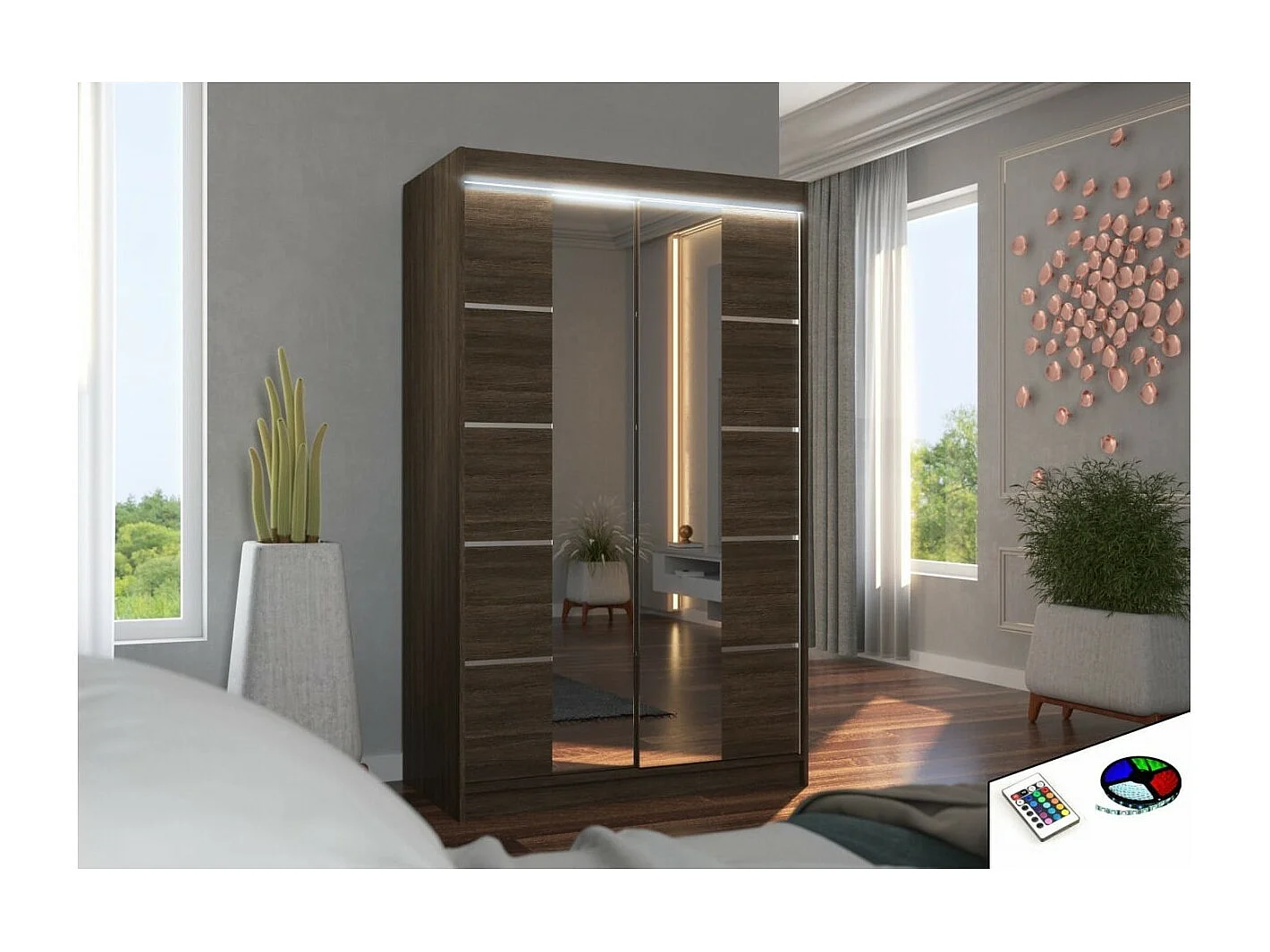 Armadio Gina Lux (120cm)/ante scorrevoli/specchio/LED/Marrone