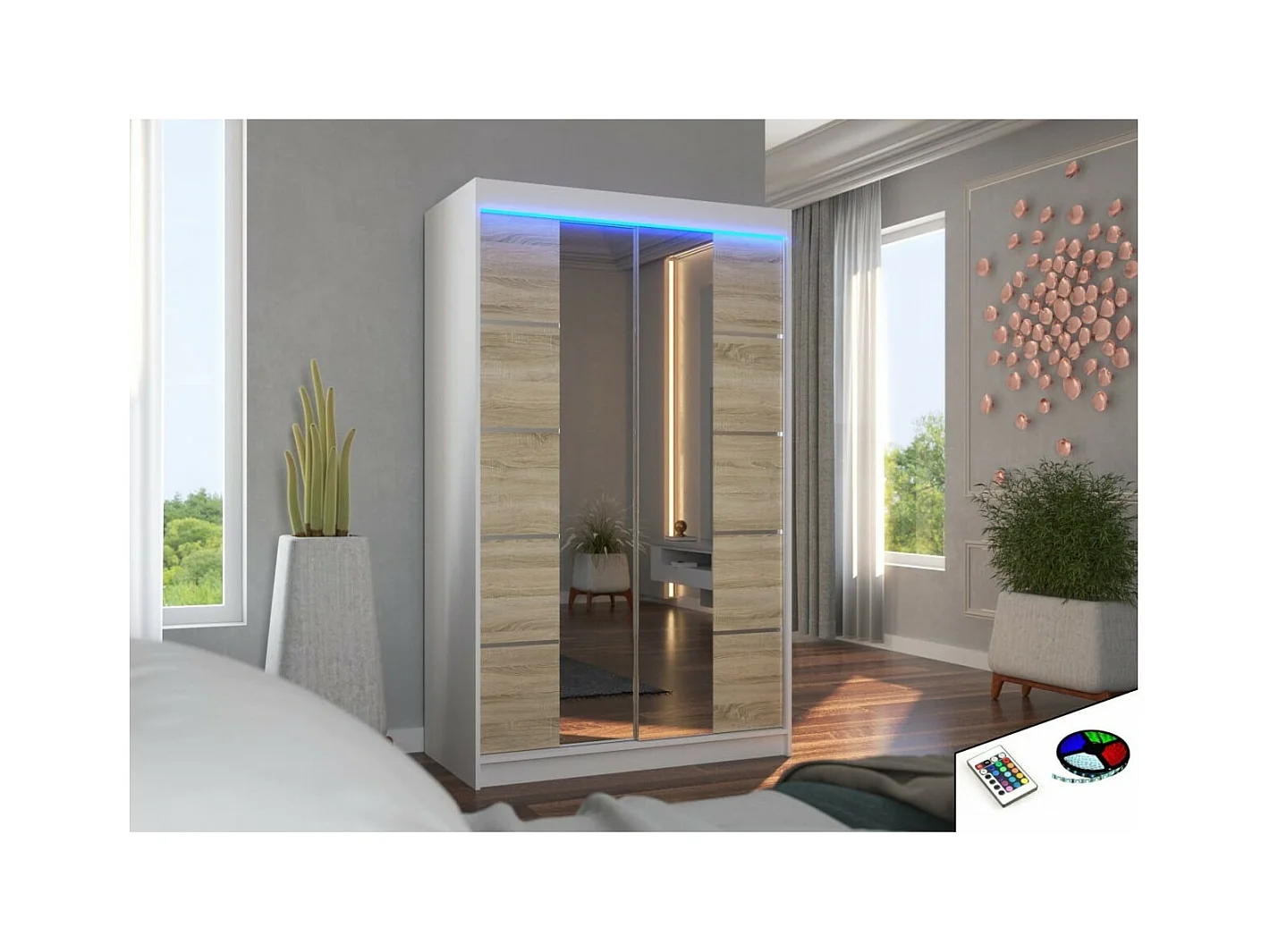 Armadio Gina Lux (120cm)/ante scorrevoli/specchio/LED/Bianco&Sonoma