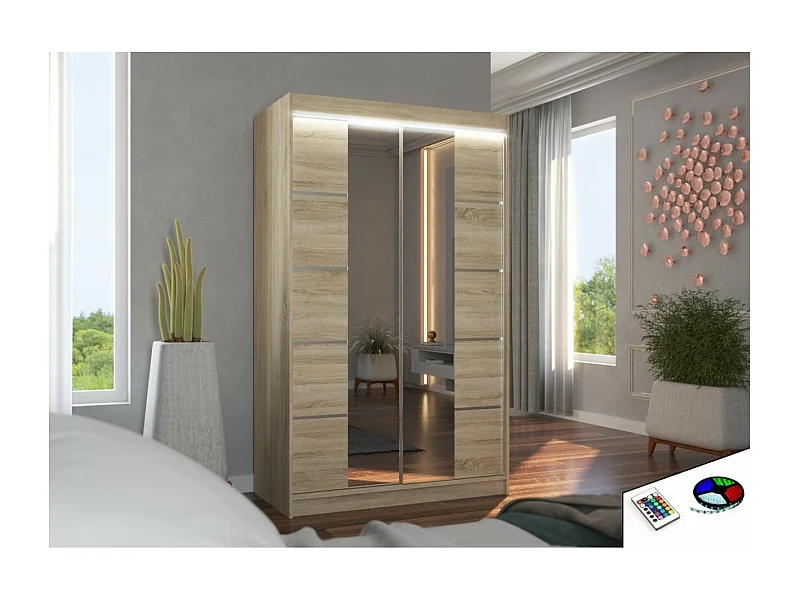 Armoire Gina Lux (120cm)/portes coulissantes/miroir/LED/Sonoma
