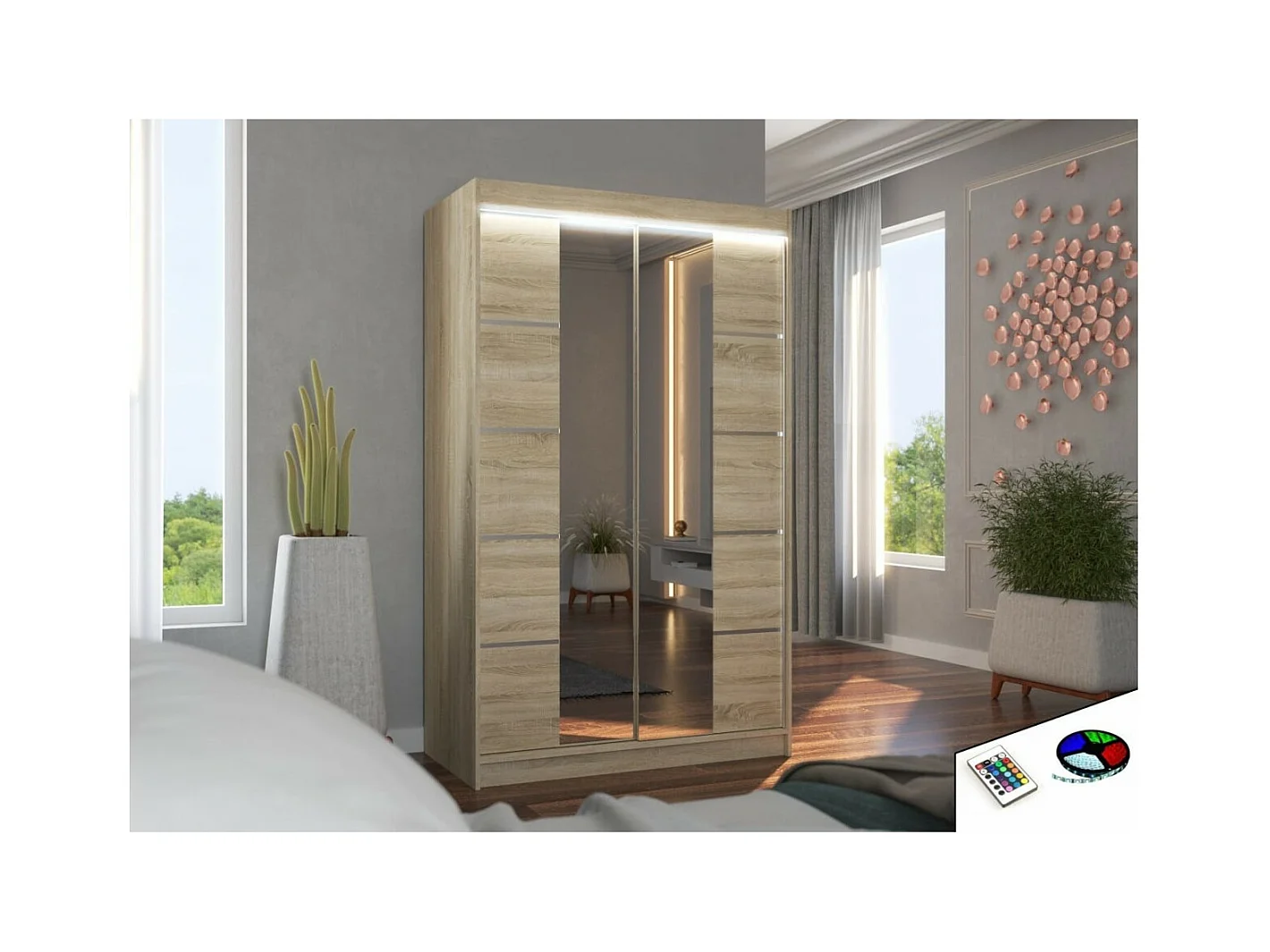 Armadio Gina Lux (120cm)/ante scorrevoli/specchio/LED/Sonoma