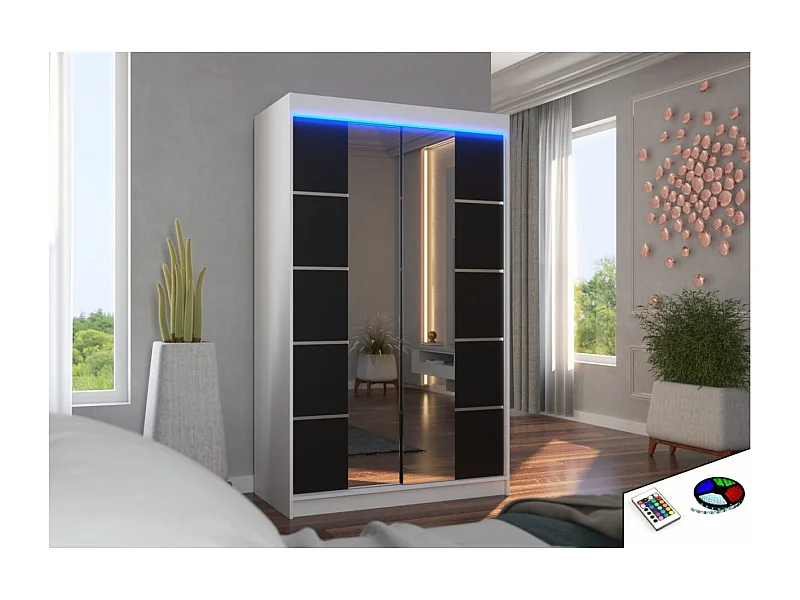 Armoire Gina Lux (120cm)/portes coulissantes/miroir/LED/Blanc&Noir