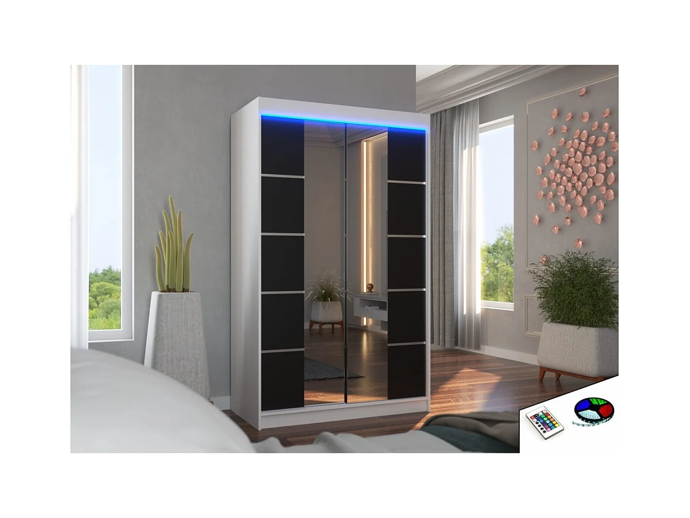 Armadio Gina Lux (120cm)/ante scorrevoli/specchio/LED/Bianco&Nero