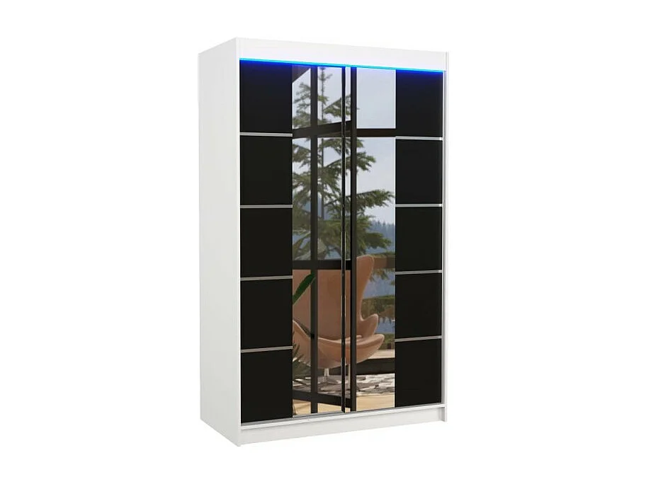 Armadio Gina Lux (120cm)/ante scorrevoli/specchio/LED/Bianco&Nero