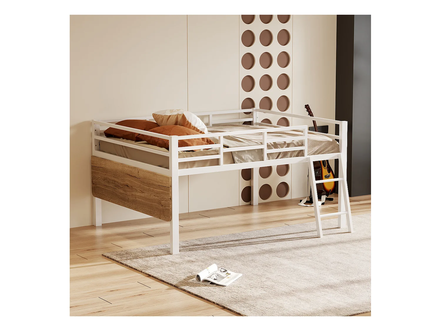 Lit combiné 140x200 cm avec bureau - Éclairage LED - structure métal blanc (sans matelas)