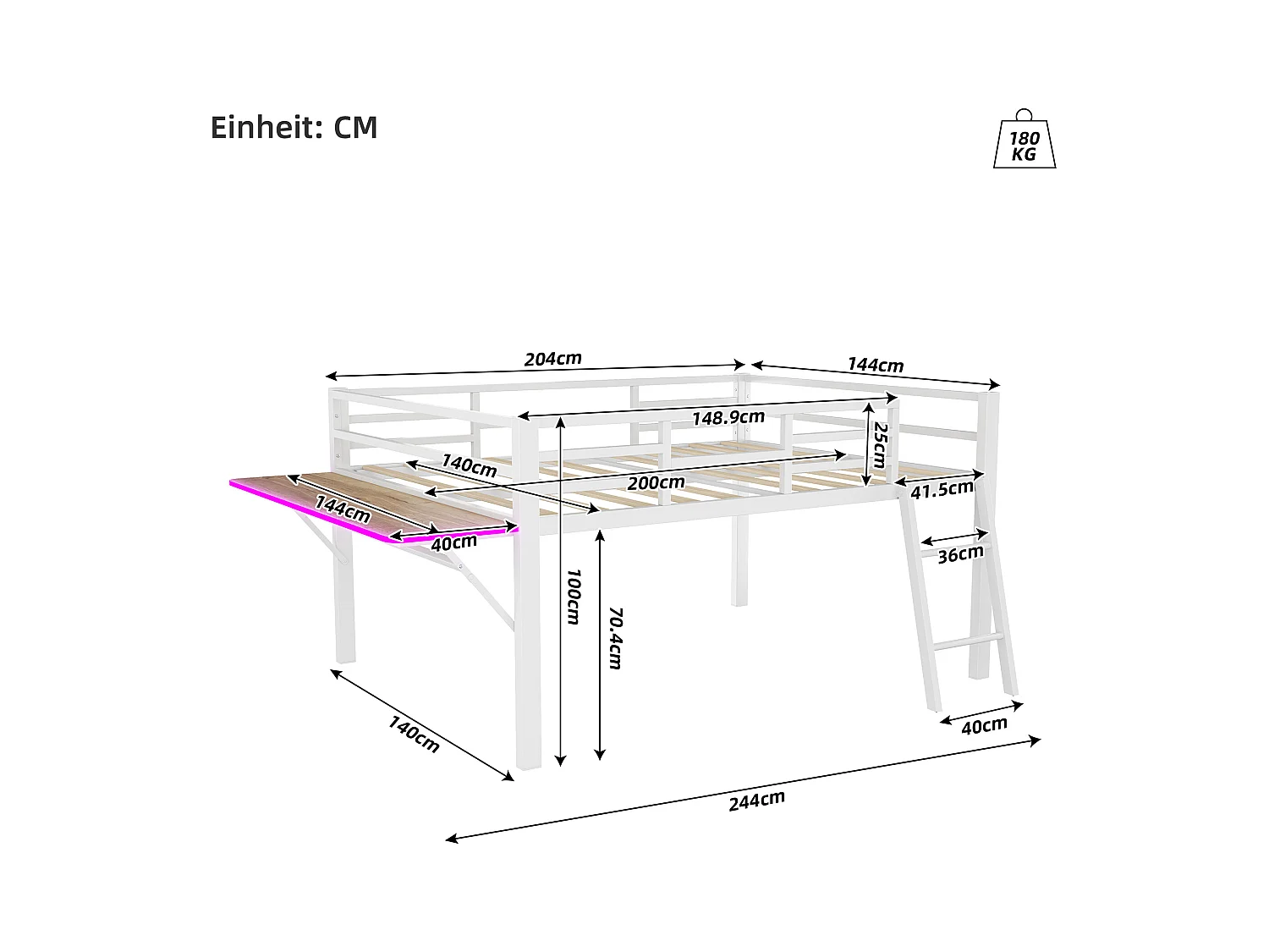 Lit combiné 140x200 cm avec bureau - Éclairage LED - structure métal blanc (sans matelas)