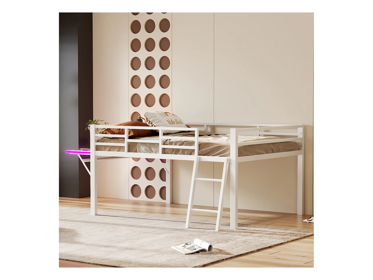 Lit combiné 140x200 cm avec bureau - Éclairage LED - structure métal blanc (sans matelas)