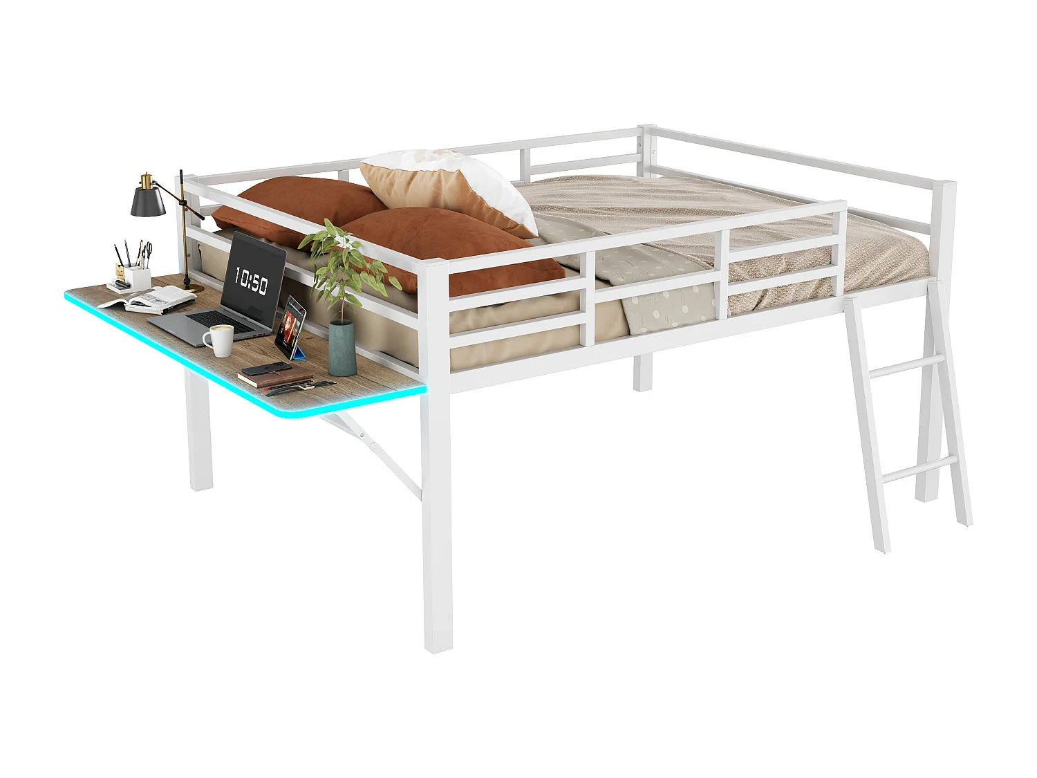 Cama combinada 140x200 cm con escritorio - Iluminación LED - Estructura metálica blanca (sin colchón)