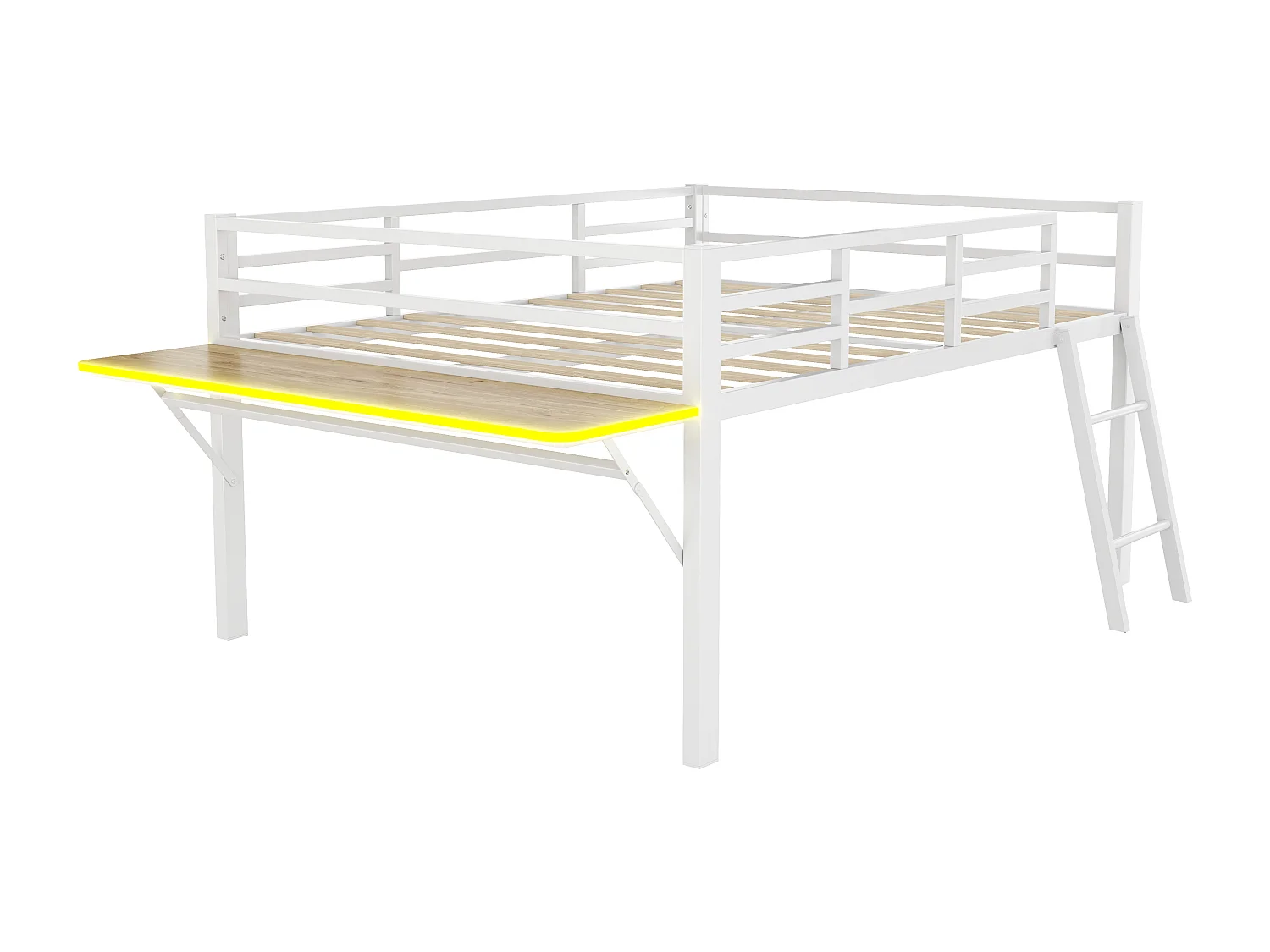 Cama combinada 140x200 cm con escritorio - Iluminación LED - Estructura metálica blanca (sin colchón)