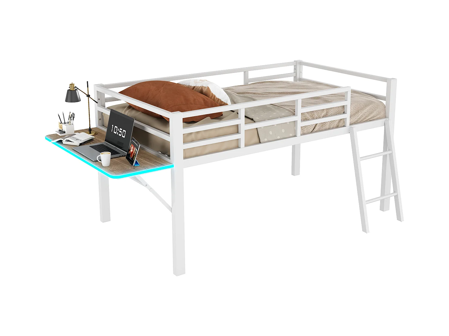 Kinderbed 90x200 cm van metaal met leuning, ladder en bureau, LED-strip met afstandsbediening, wit (zonder matras)