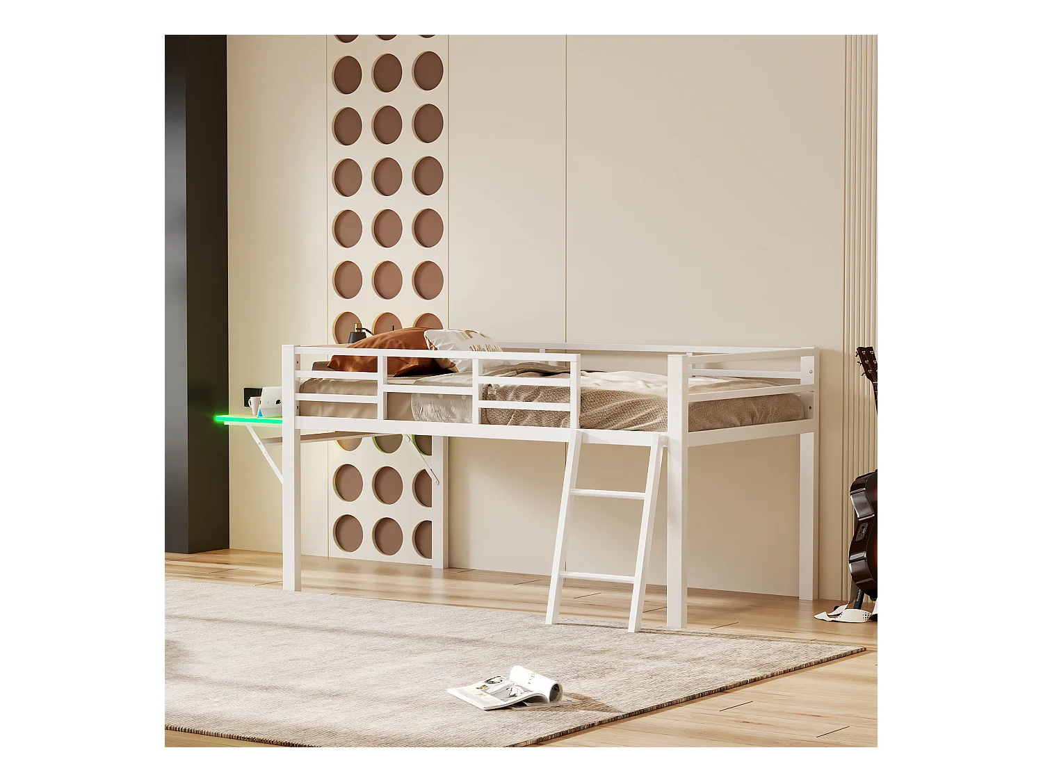 Kinderbed 90x200 cm van metaal met leuning, ladder en bureau, LED-strip met afstandsbediening, wit (zonder matras)