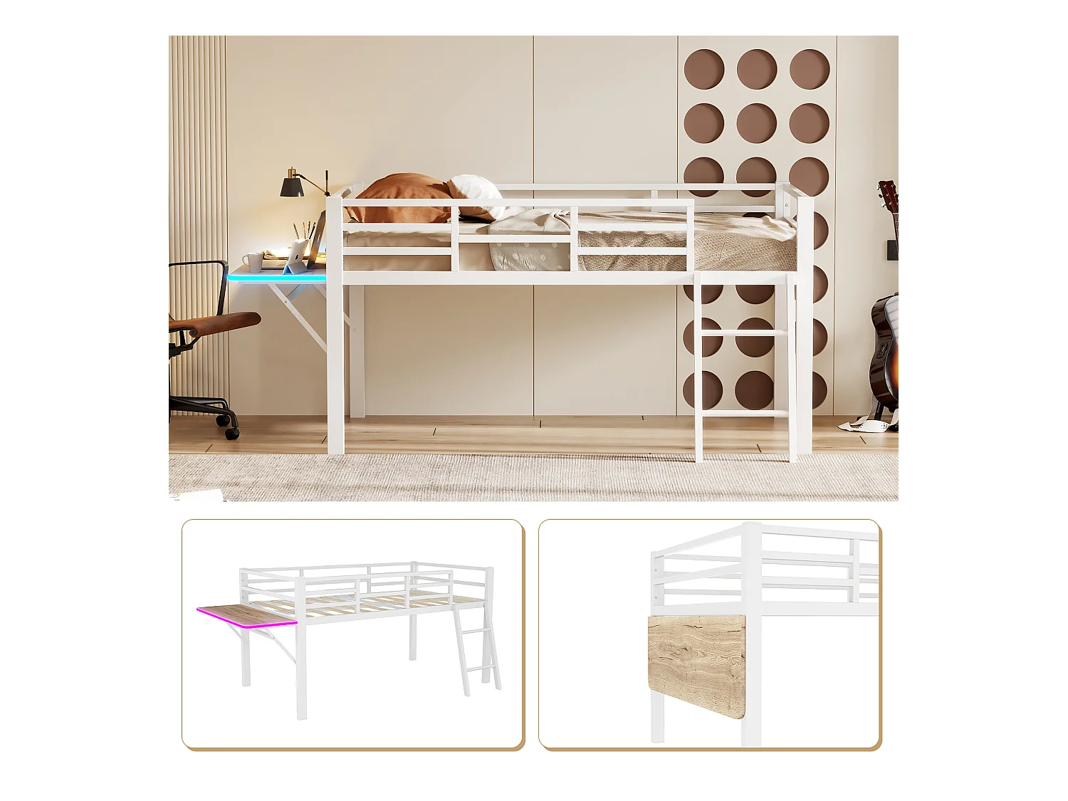 Kinderbed 90x200 cm van metaal met leuning, ladder en bureau, LED-strip met afstandsbediening, wit (zonder matras)