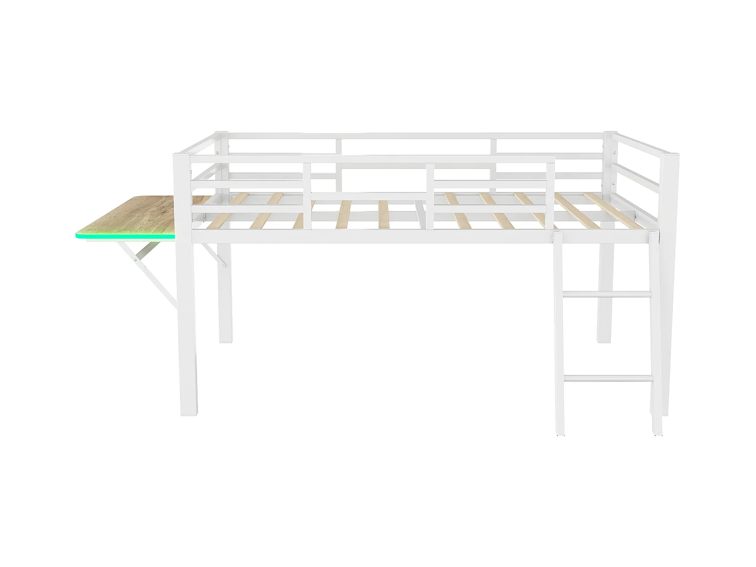 Kinderbed 90x200 cm van metaal met leuning, ladder en bureau, LED-strip met afstandsbediening, wit (zonder matras)