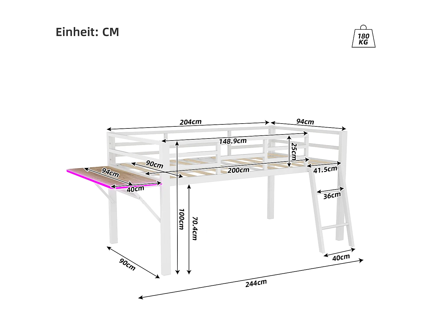 Lit enfant 90 x 200 cm en métal avec garde-corps, échelle et bureau, bande LED télécommandée, blanc (sans matelas)
