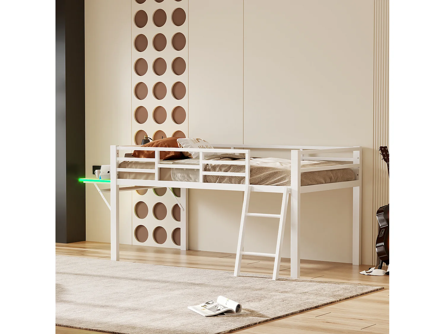 Lit enfant 90 x 200 cm en métal avec garde-corps, échelle et bureau, bande LED télécommandée, blanc (sans matelas)