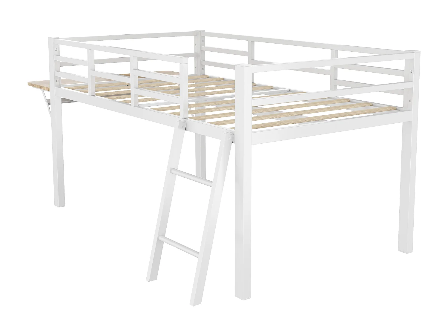 Lit enfant 90 x 200 cm en métal avec garde-corps, échelle et bureau, bande LED télécommandée, blanc (sans matelas)