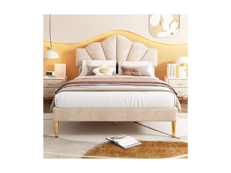 Tweepersoonsbed 140x190 cm in schelpvorm, gouden ijzeren poten, verstelbaar hoofdbord, beige fluweel (zonder matras)