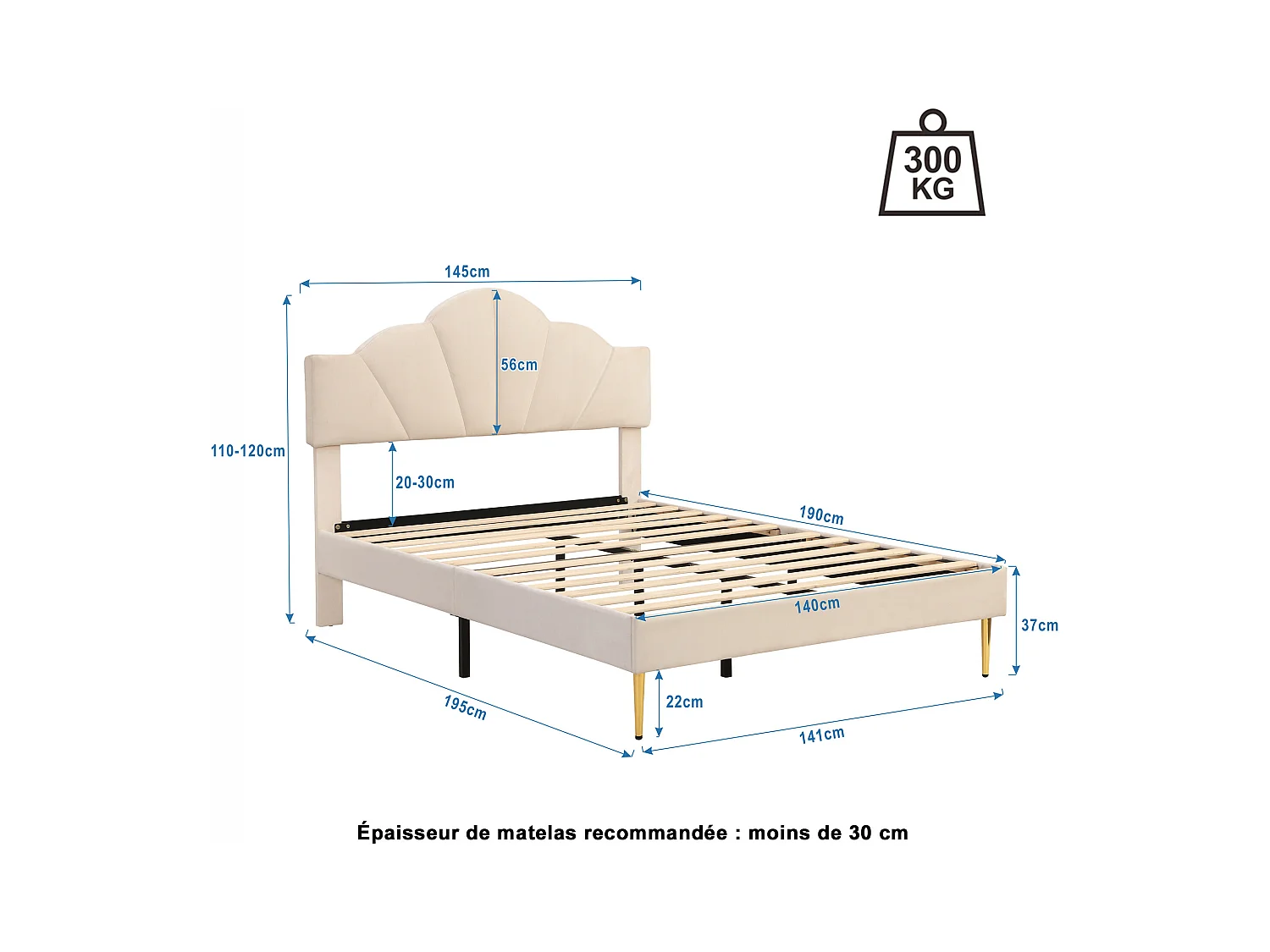 Lit adulte 140x190 cm en forme de coquille, pieds en fer doré, tête de lit réglable, en velours Beige(sans matelas)