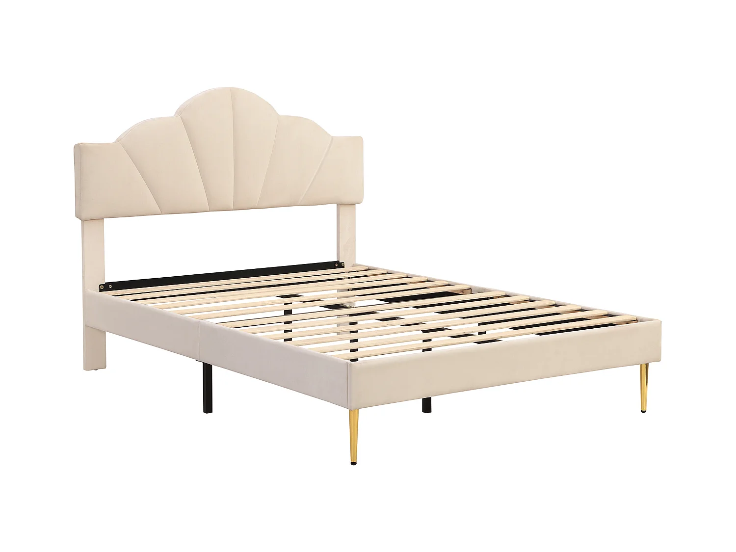Lit adulte 140x190 cm en forme de coquille, pieds en fer doré, tête de lit réglable, en velours Beige(sans matelas)
