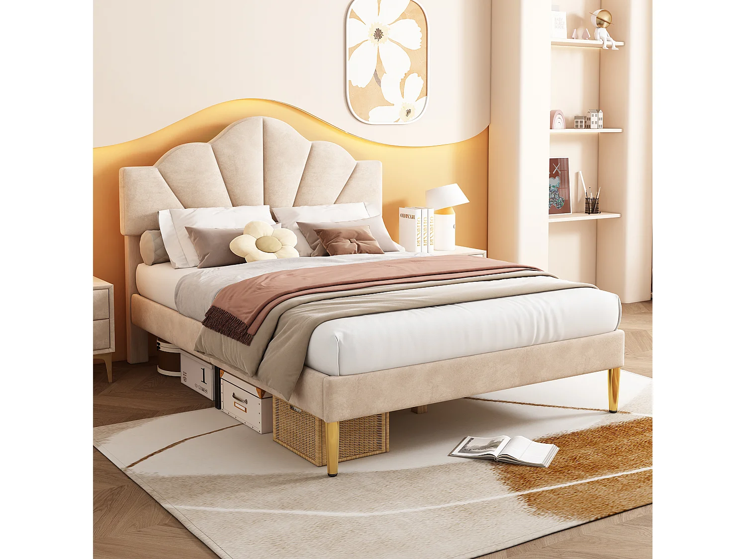 Letto matrimoniale 140x190 cm a forma di conchiglia, gambe in ferro dorato, testiera regolabile, velluto beige (senza materasso)