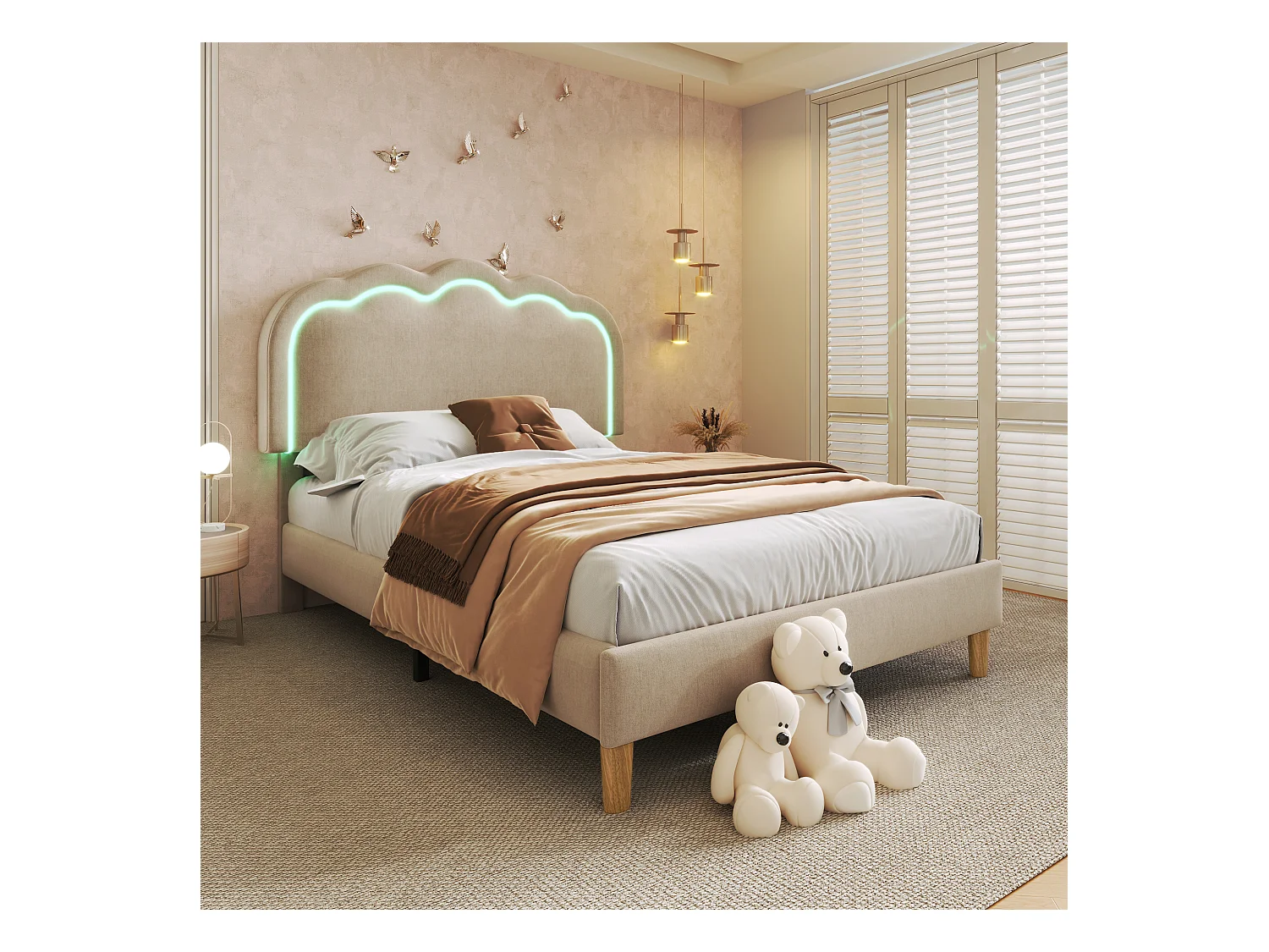 Eenpersoonsbed 90x200 cm met LED, frame met lattenbodem en verstelbaar hoofdeinde, in beige linnen (zonder matras)