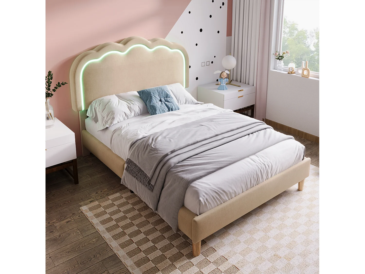 Lit enfant 90x200 cm avec LED, cadre avec sommier à lattes et tête de lit réglable, en lin Beige(sans matelas)