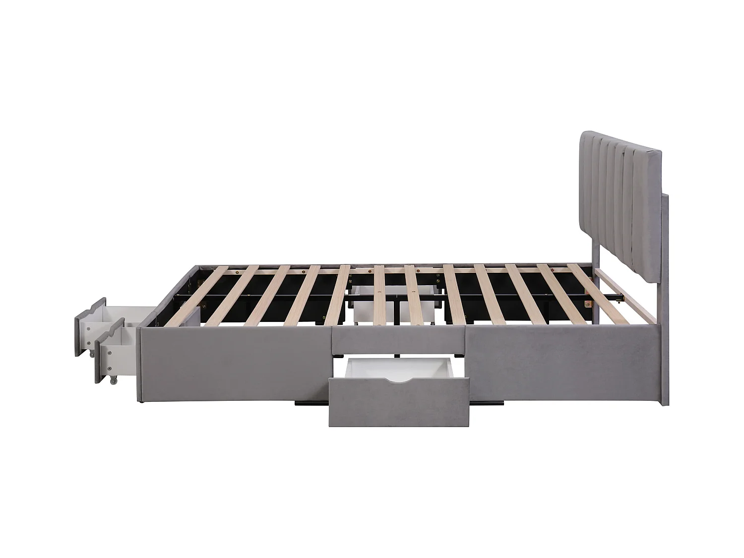 Lit adulte 160x200 cm en velours gris avec 4 tiroirs de rangement, sans matelas