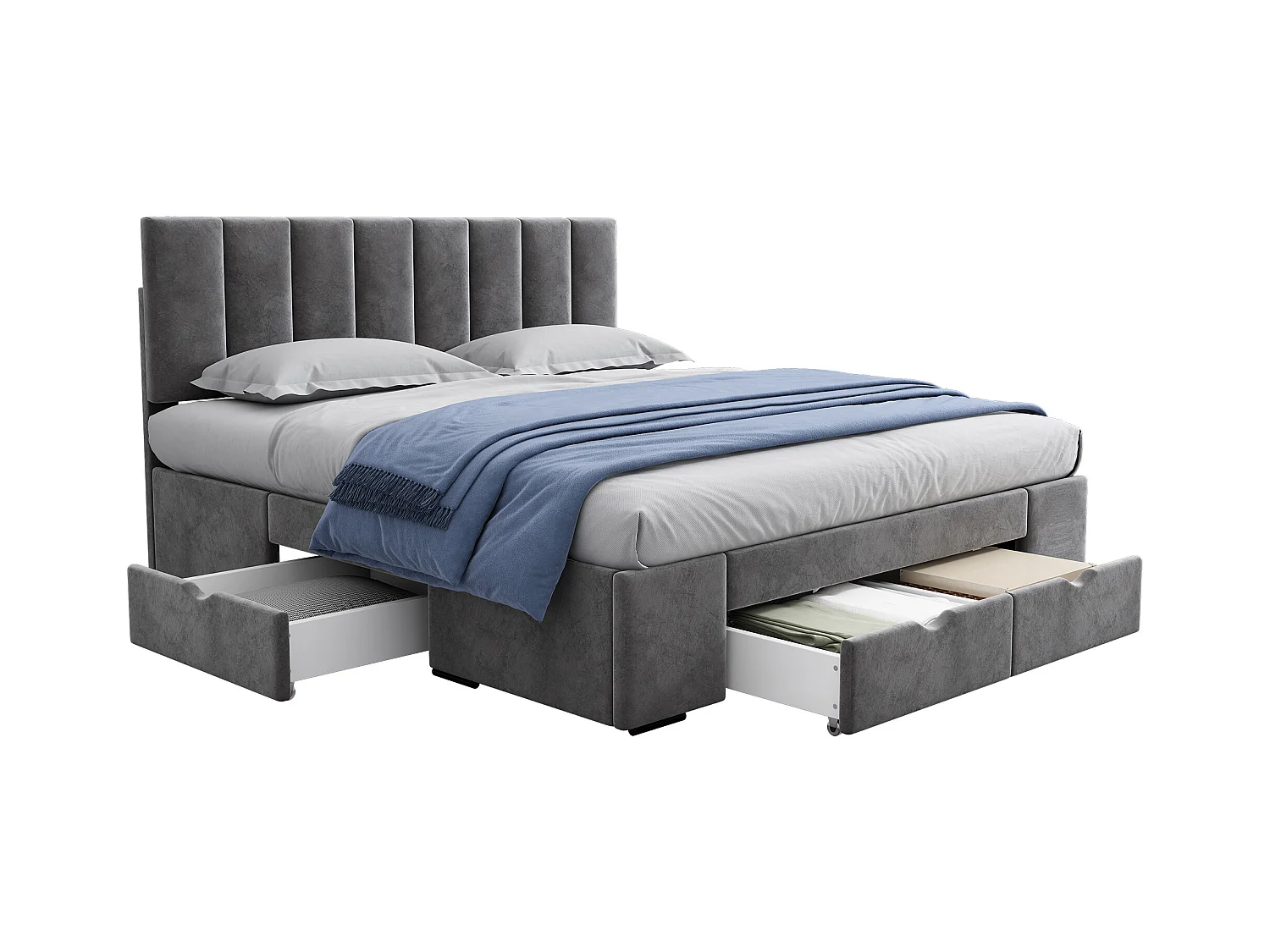 Lit adulte 160x200 cm en velours gris avec 4 tiroirs de rangement, sans matelas