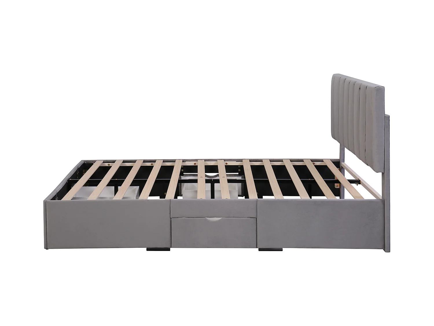 Lit adulte 160x200 cm en velours gris avec 4 tiroirs de rangement, sans matelas