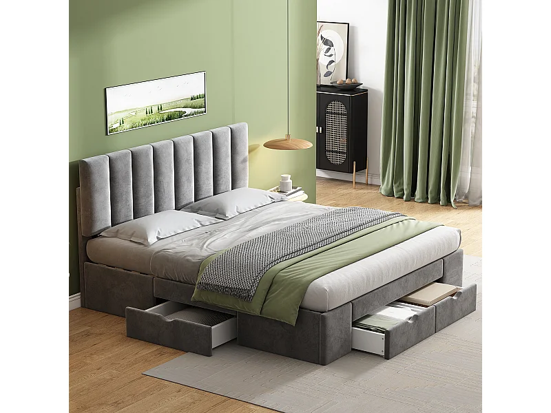 Lit adulte 160x200 cm en velours gris avec 4 tiroirs de rangement, sans matelas
