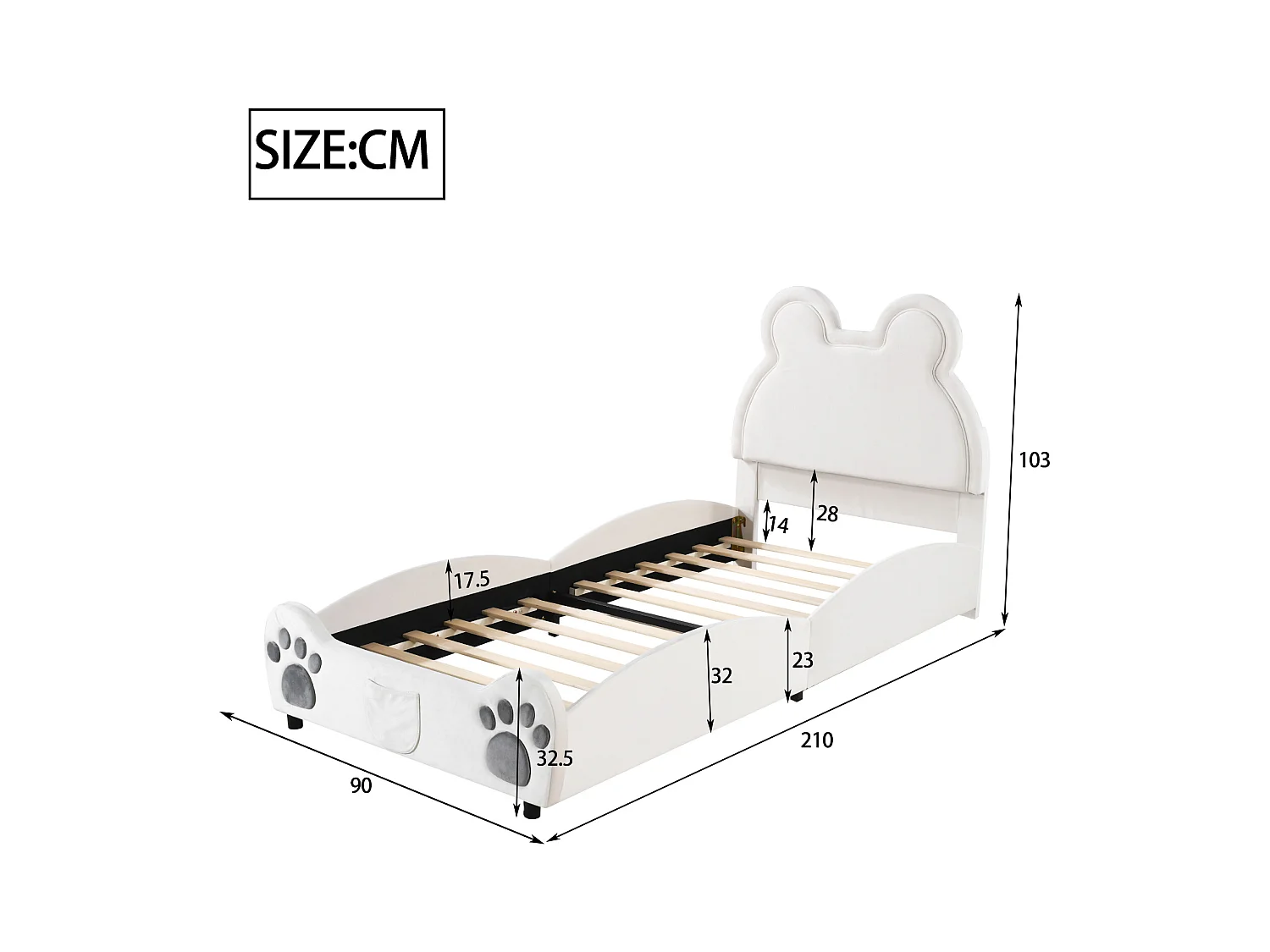 Lit enfant 90x200 cm en forme d'ours, lit simple en velours Blanc(sans matelas)