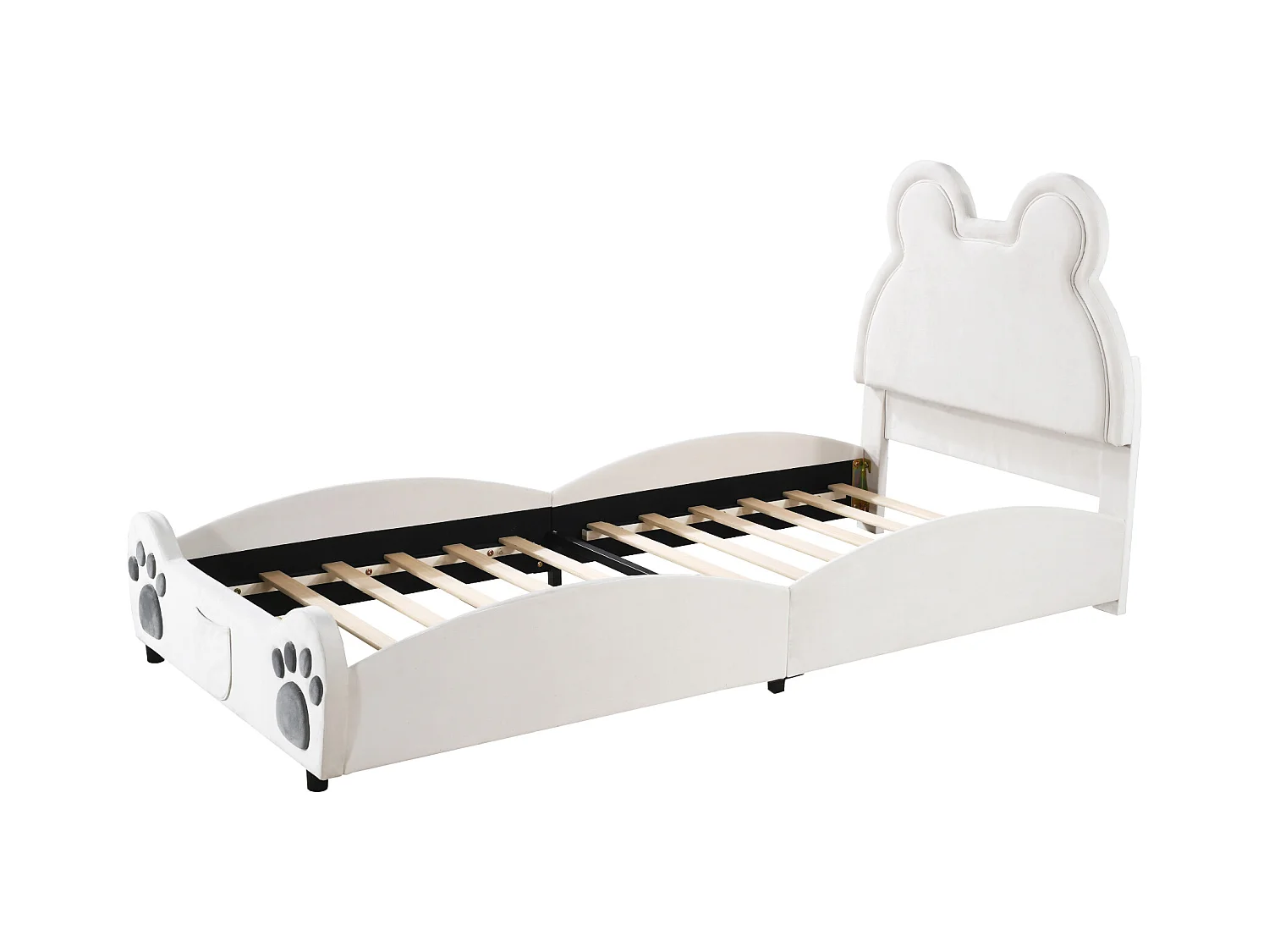 Lit enfant 90x200 cm en forme d'ours, lit simple en velours Blanc(sans matelas)
