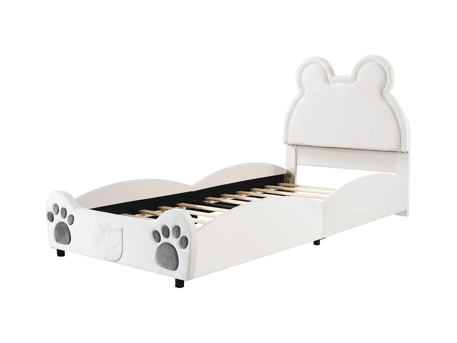 Lit enfant 90x200 cm en forme d'ours, lit simple en velours Blanc(sans matelas)