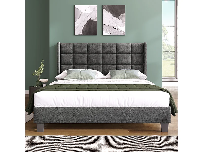 Lit adulte 140x200 cm en lin gris - Sommier à lattes inclus - Style scandinave épuré (matelas non fourni)