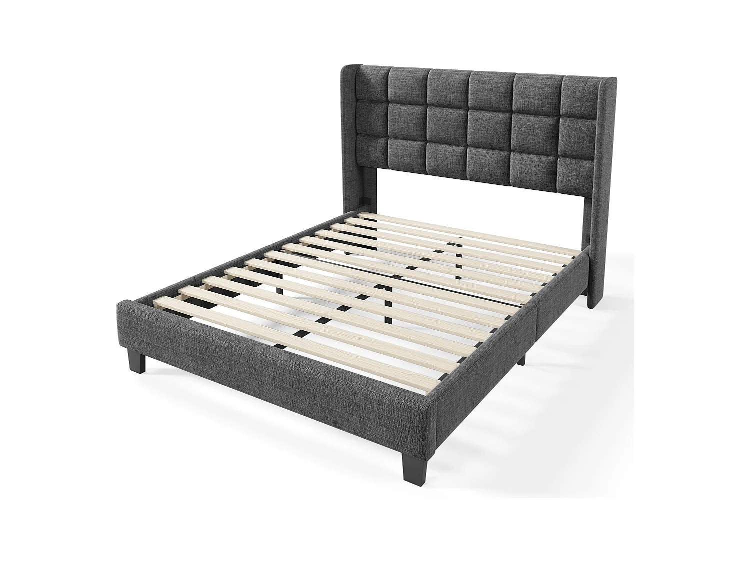 Lit adulte 140x200 cm en lin gris - Sommier à lattes inclus - Style scandinave épuré (matelas non fourni)