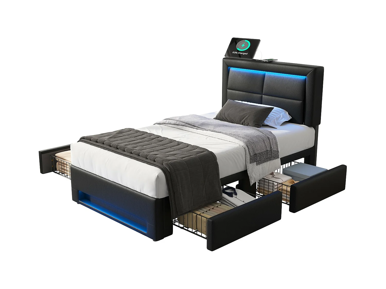 Lit simple 90x200 cm  avec 4 tiroirs, éclairage LED et port USB - en PU noir(sans matelas)