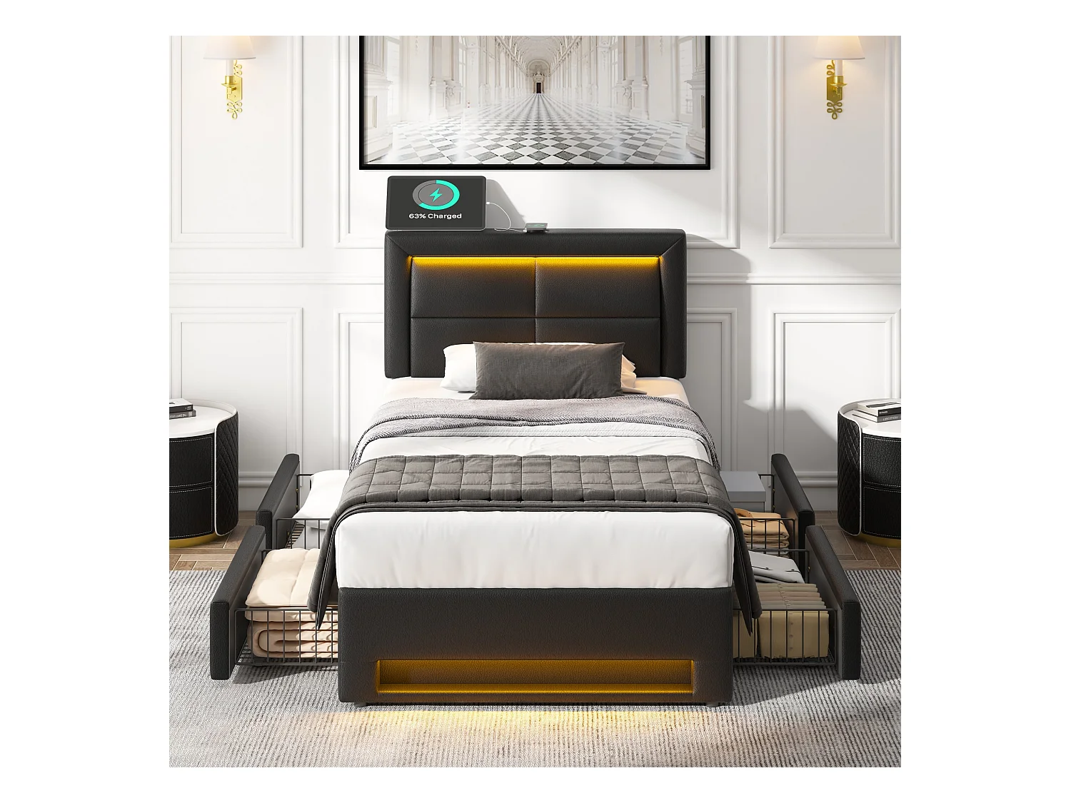 Lit simple 90x200 cm  avec 4 tiroirs, éclairage LED et port USB - en PU noir(sans matelas)