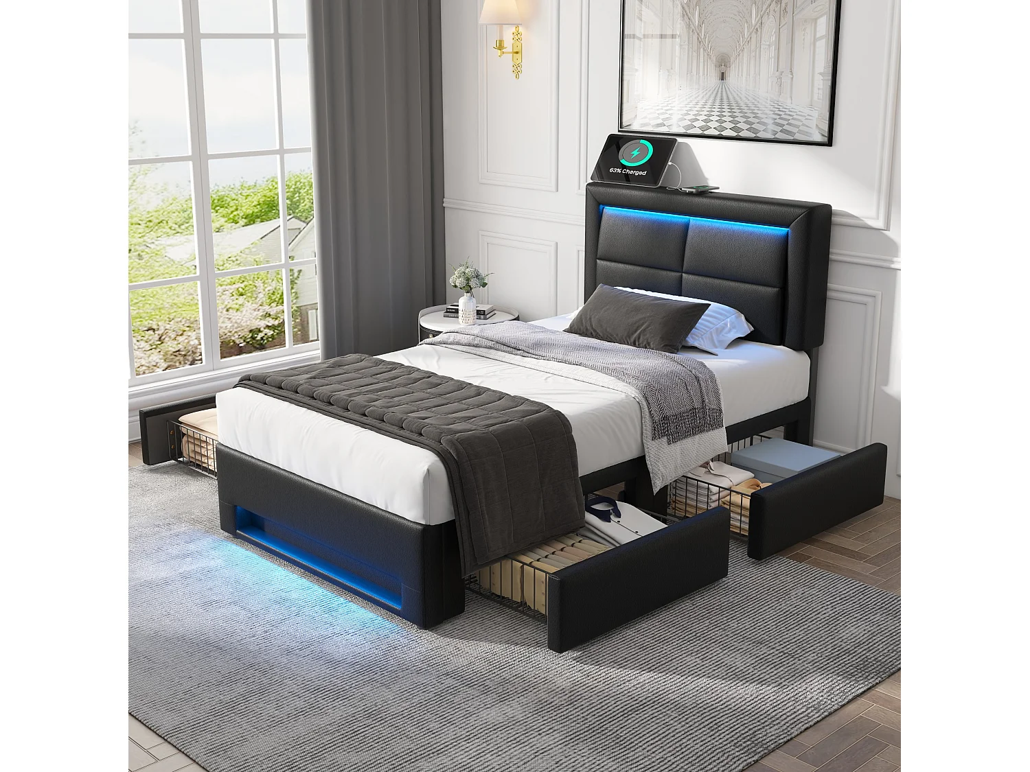 Lit simple 90x200 cm  avec 4 tiroirs, éclairage LED et port USB - en PU noir(sans matelas)