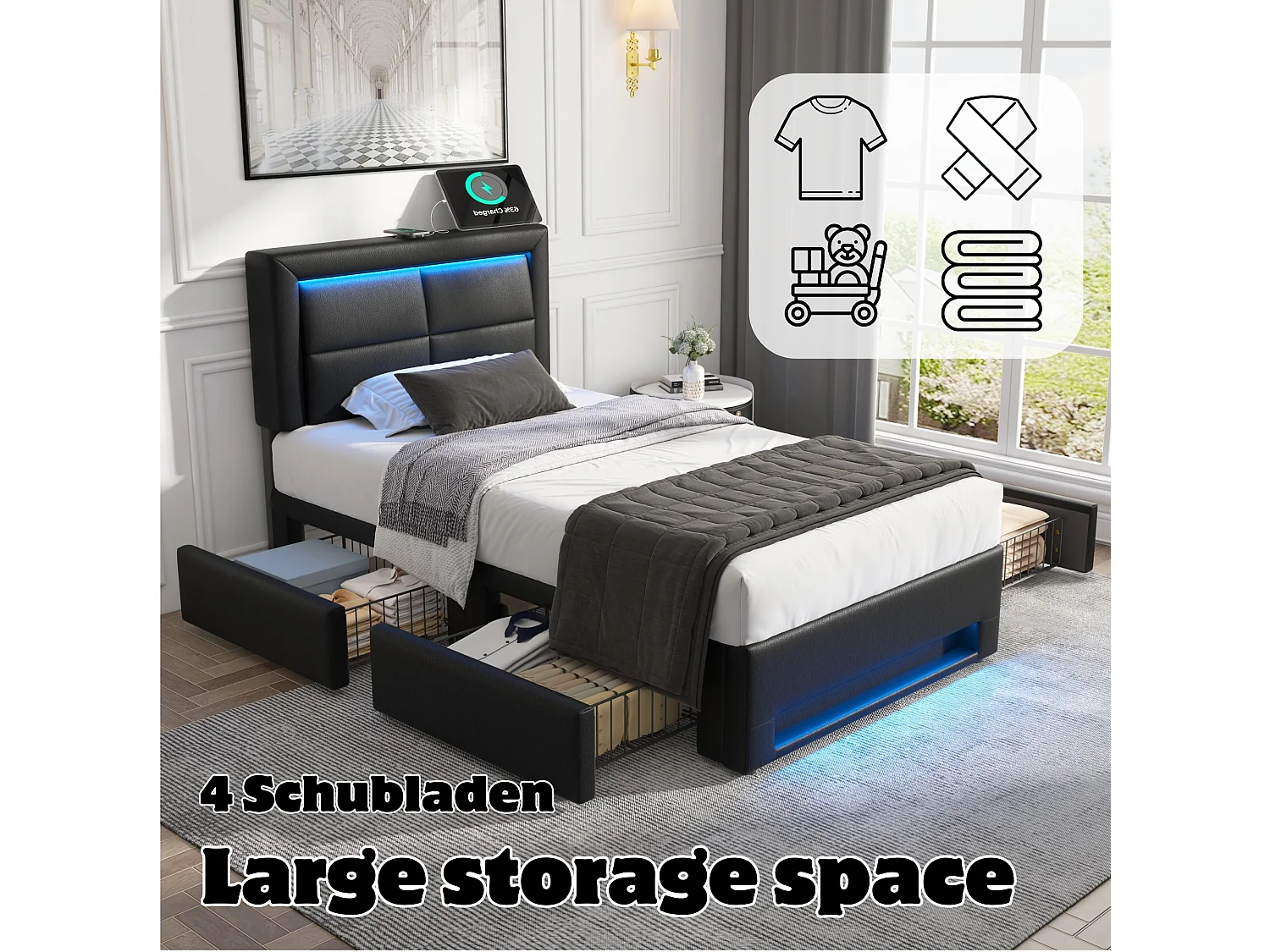 Lit simple 90x200 cm  avec 4 tiroirs, éclairage LED et port USB - en PU noir(sans matelas)