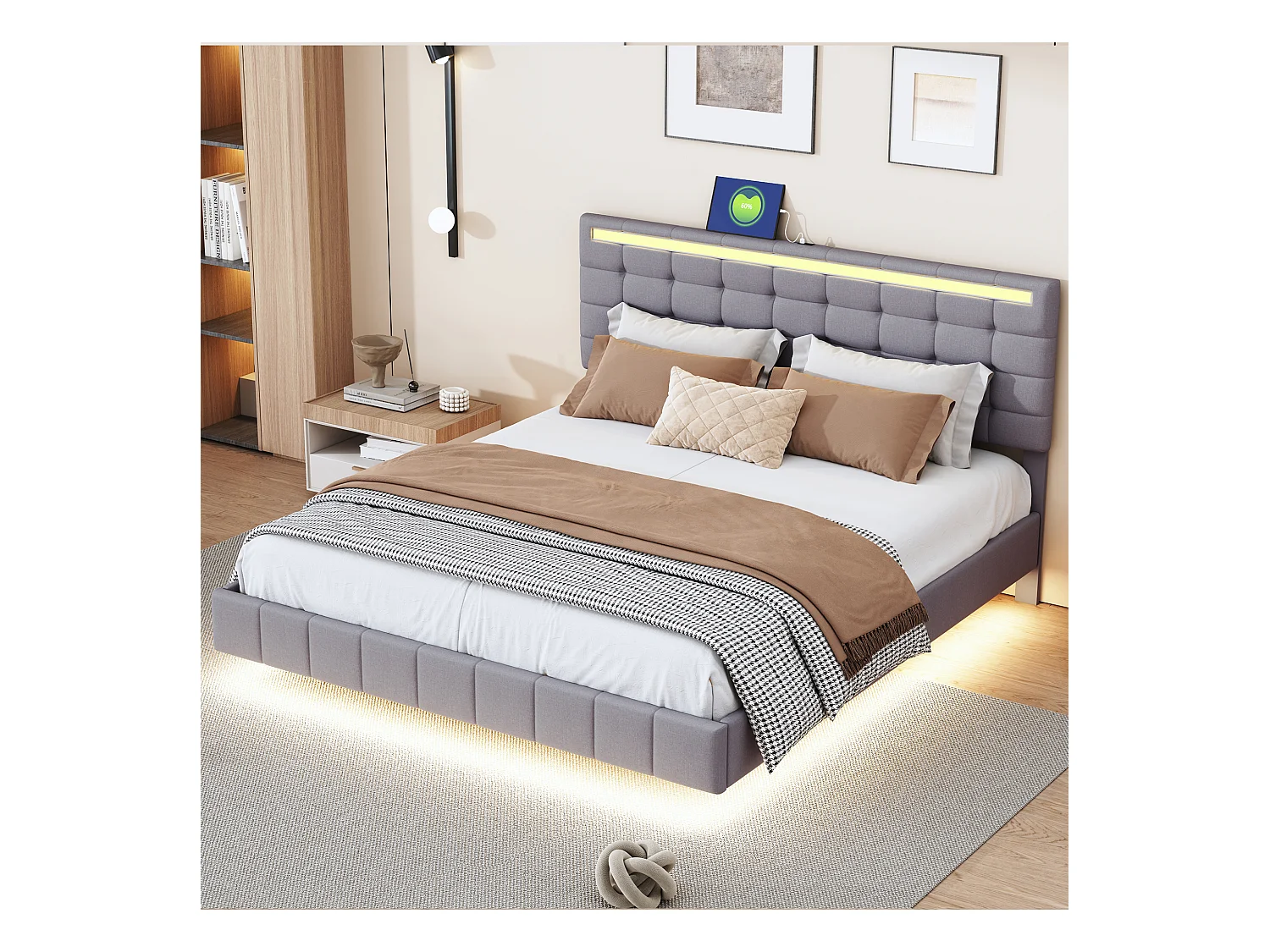 Tweepersoonsbed 160x200 cm grijs linnen - Zwevend frame met LED en hoofdbord (zonder matras)