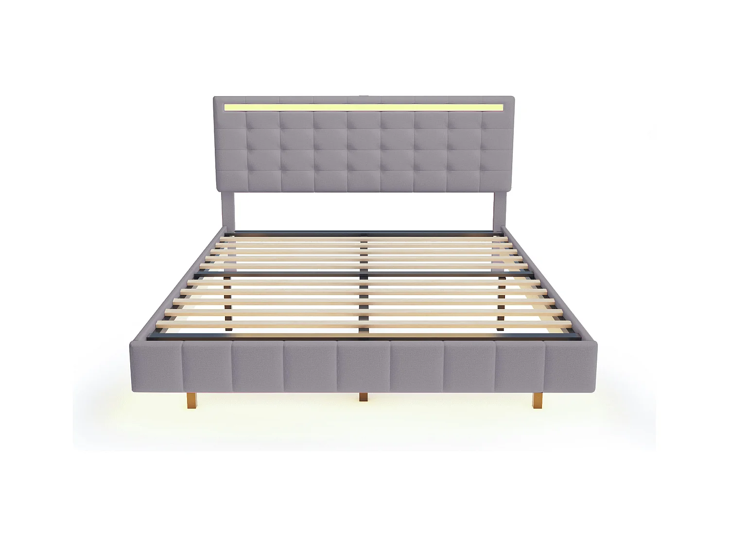 Lit adulte 160x200 cm en lin gris, Cadre flottant avec LED et tête de lit, sans matelas