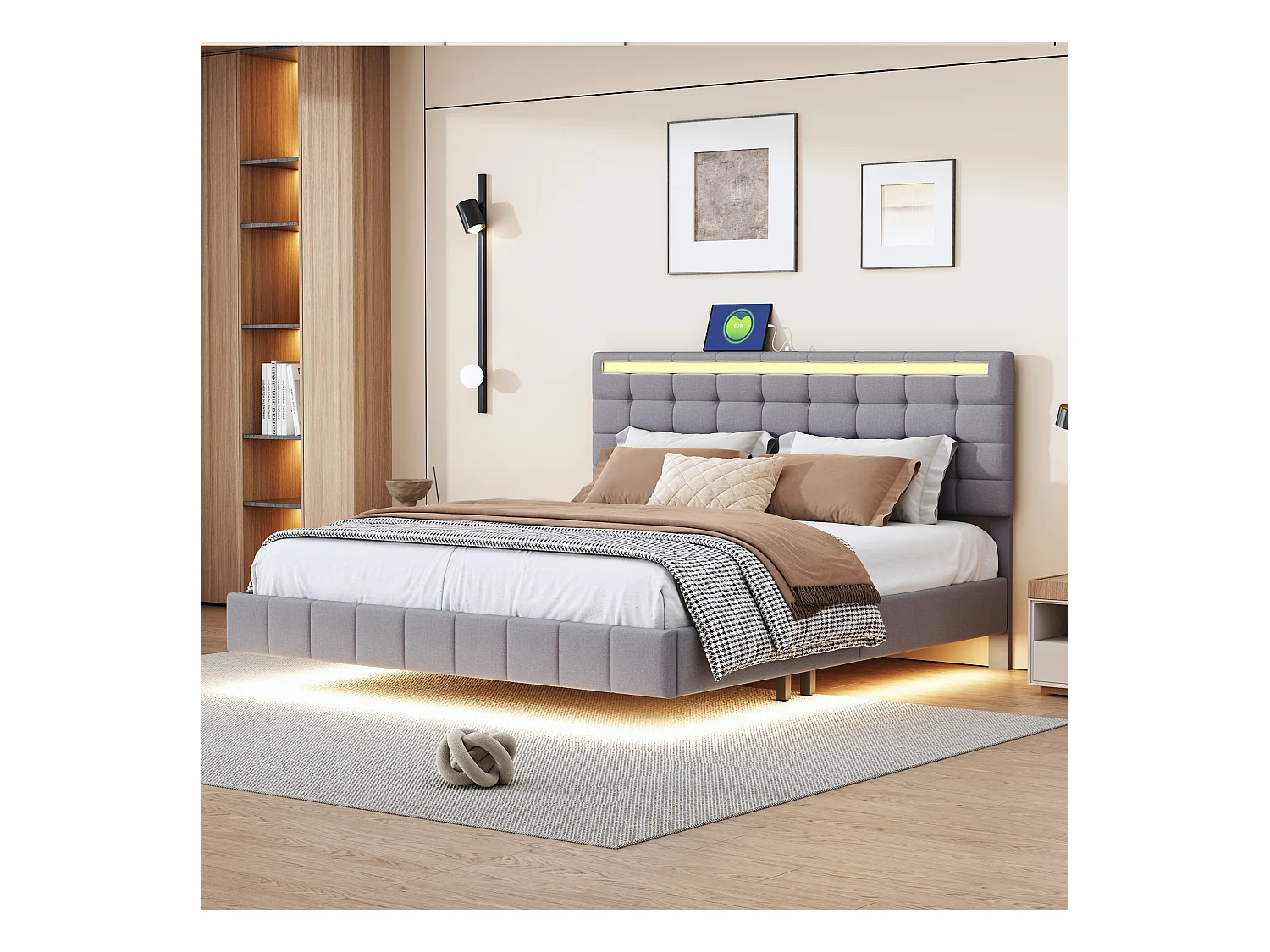 Lit adulte 160x200 cm en lin gris, Cadre flottant avec LED et tête de lit, sans matelas