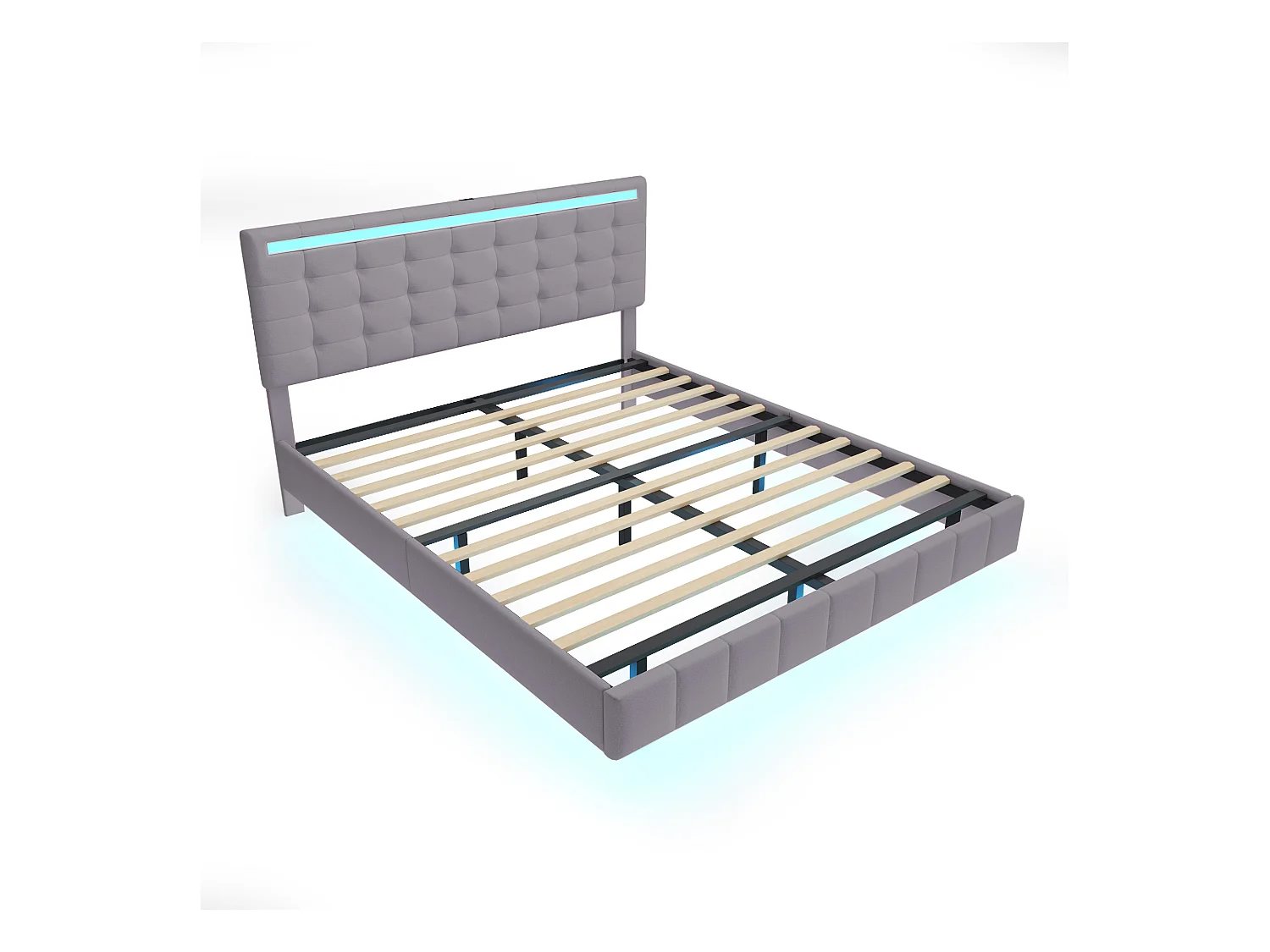 Lit adulte 160x200 cm en lin gris, Cadre flottant avec LED et tête de lit, sans matelas