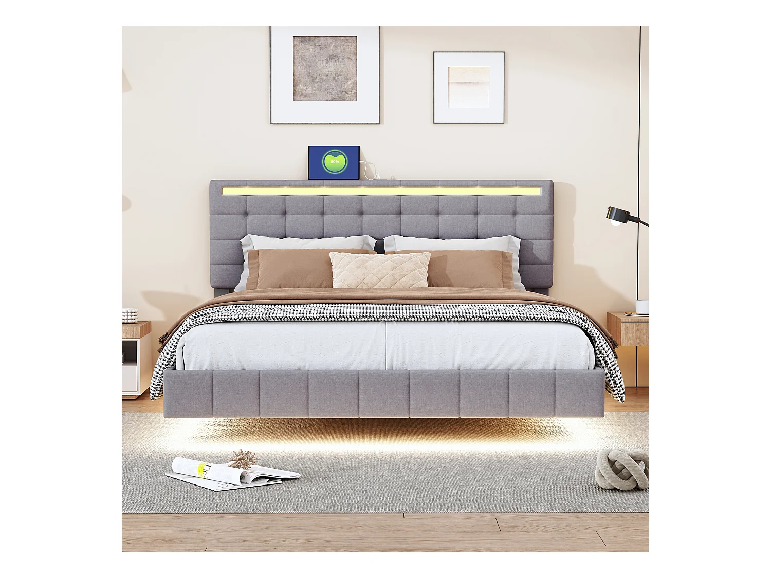 Lit adulte 160x200 cm en lin gris, Cadre flottant avec LED et tête de lit, sans matelas