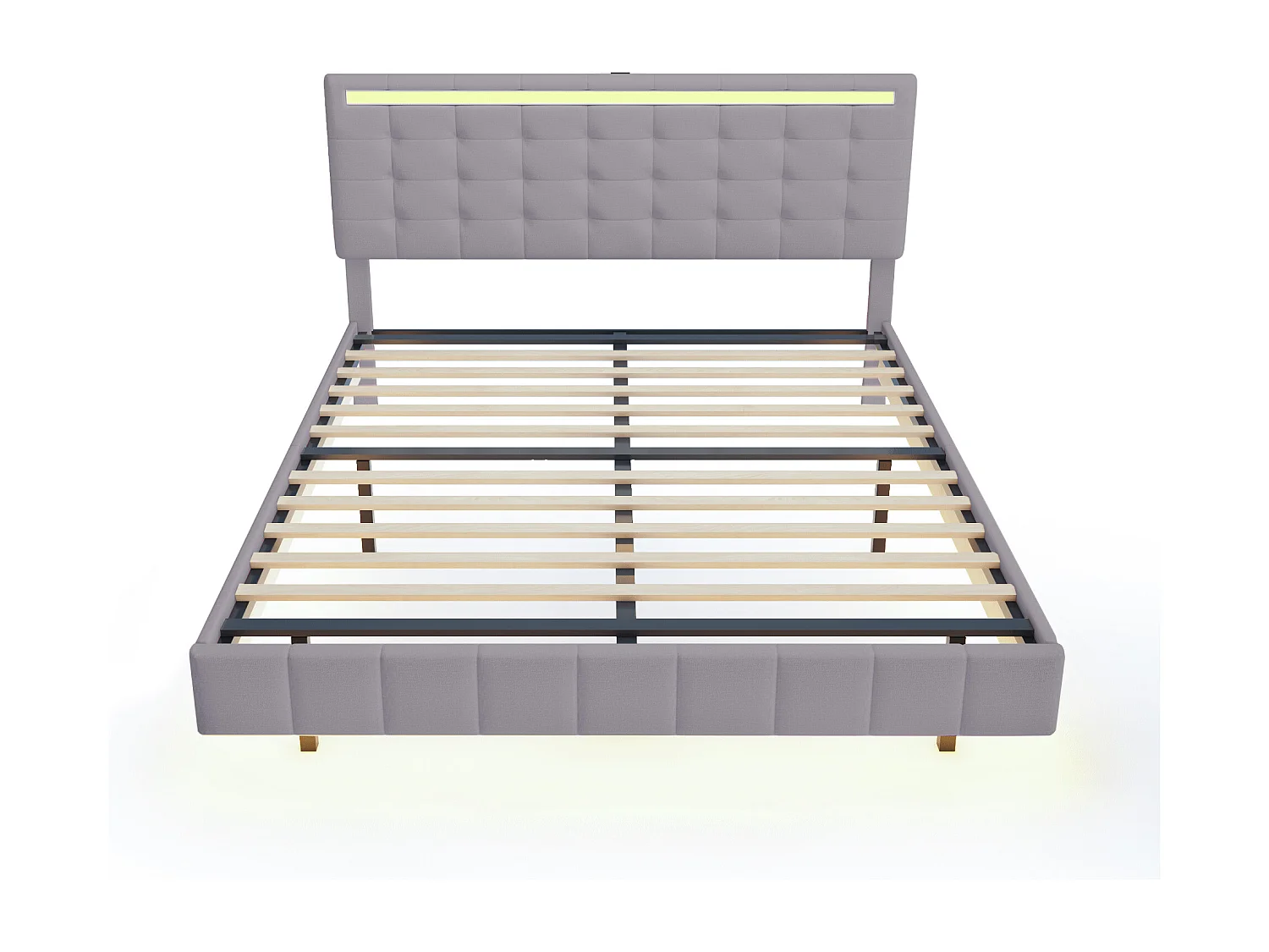 Lit adulte 160x200 cm en lin gris, Cadre flottant avec LED et tête de lit, sans matelas