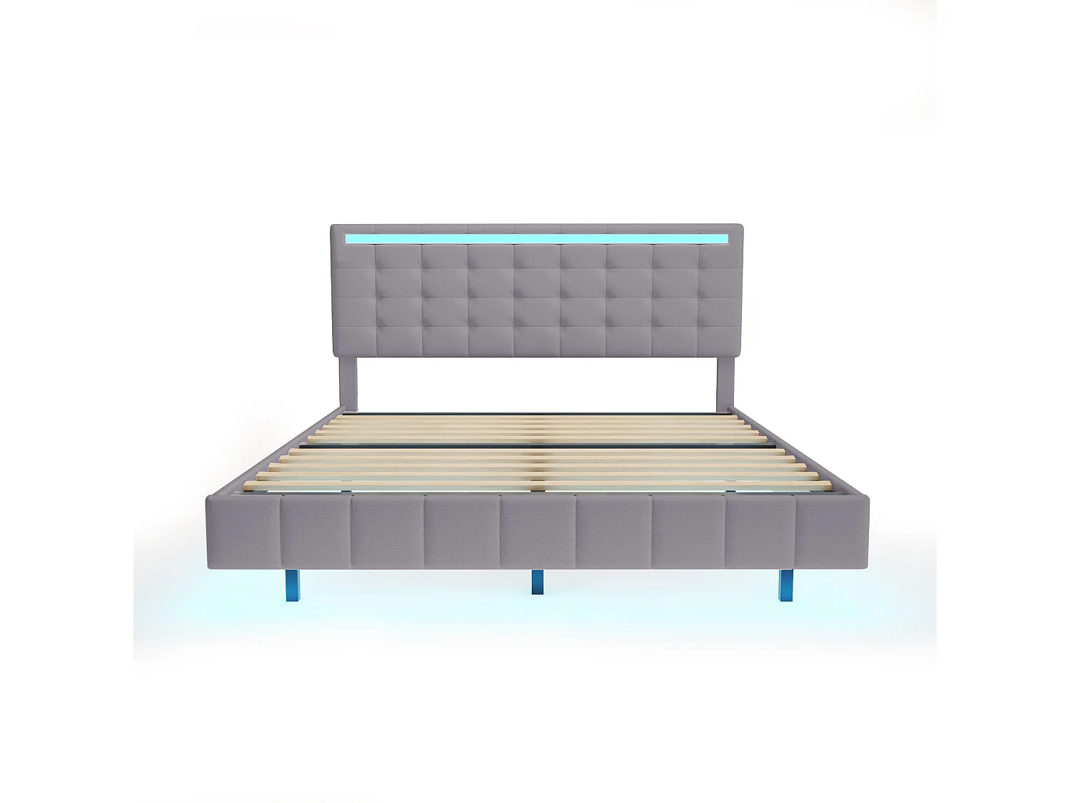 Lit adulte 160x200 cm en lin gris, Cadre flottant avec LED et tête de lit, sans matelas