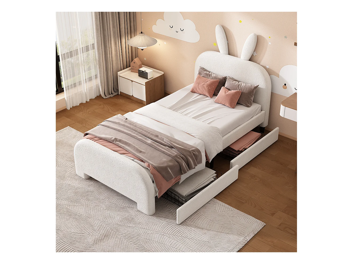 Lit enfant 90x200 cm,en forme de cartoon lapin, avec deux tiroirs, blanc(sans matelas)