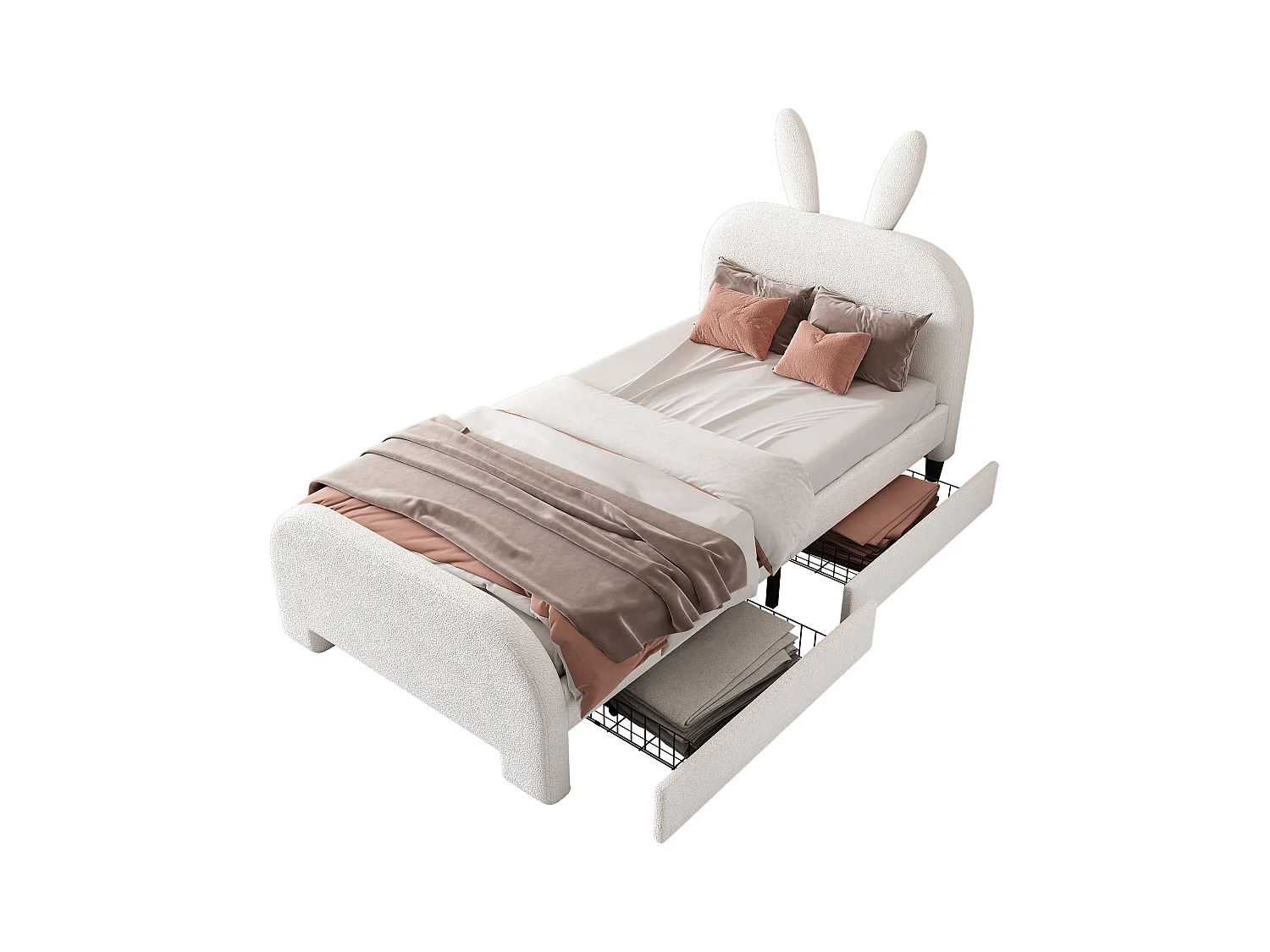 Lit enfant 90x200 cm,en forme de cartoon lapin, avec deux tiroirs, blanc(sans matelas)