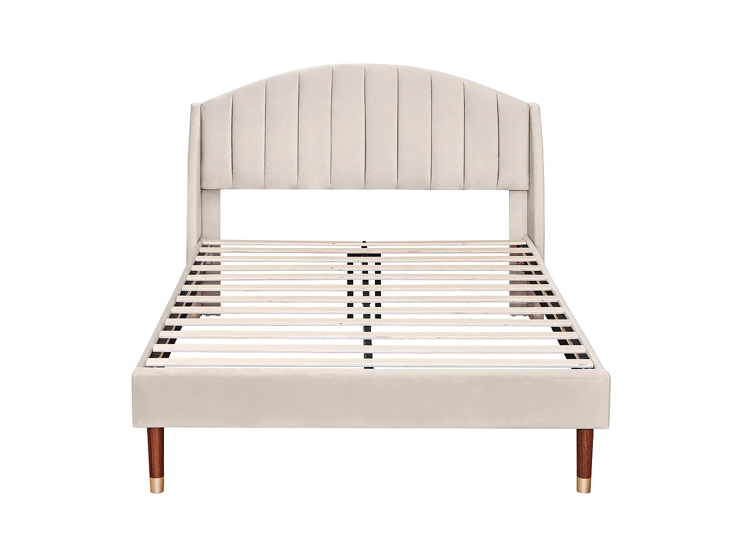 Lit adulte 140x190 cm en velours beige avec tête de lit, sommier à lattes en bois(sans matelas)